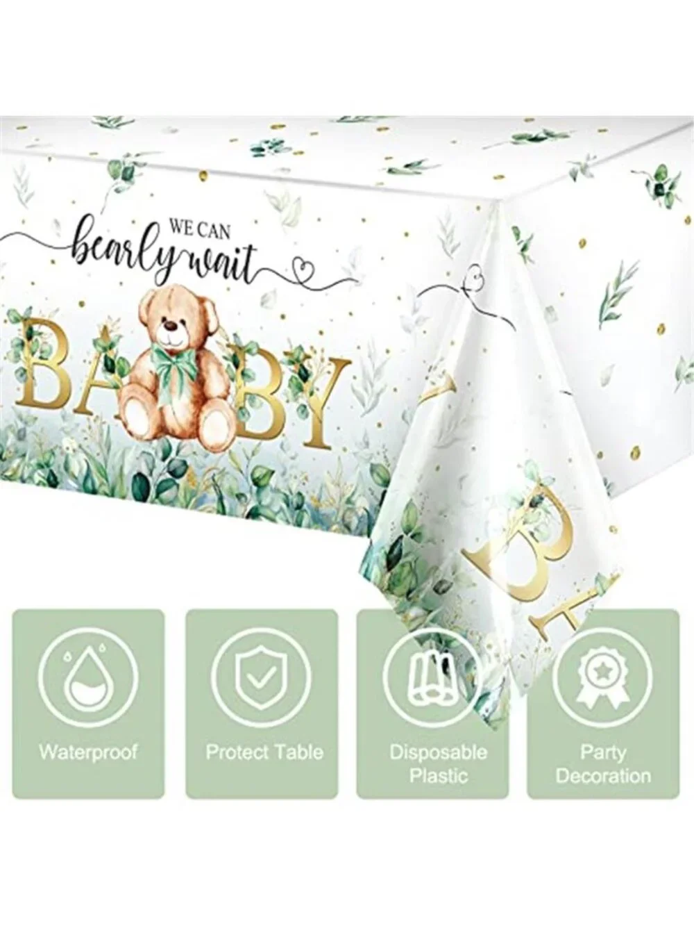 Bear Baby Shower Tablecloth Green Plastic Table Cover Boy Party Decorations 3 Pk